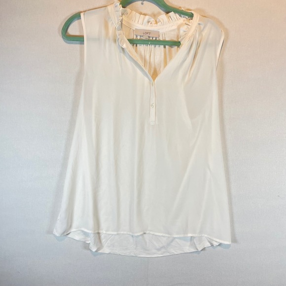 LOFT Womens Off White Ruffle Neck Sleeveless Henley Blouse Large Ivory Top - Picture 2 of 7
